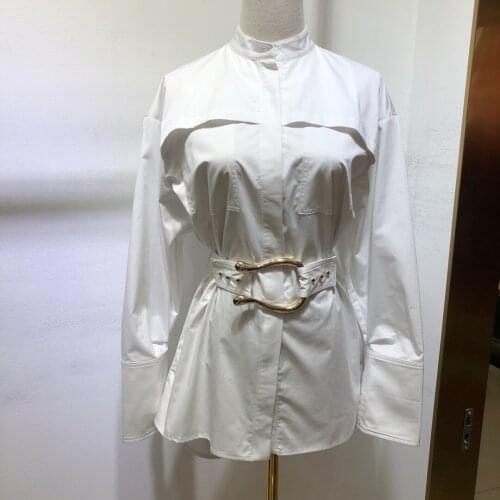 Ladies 2021 fashion new long sleeve sexy casual gold belt buckle cotton shirt 1229