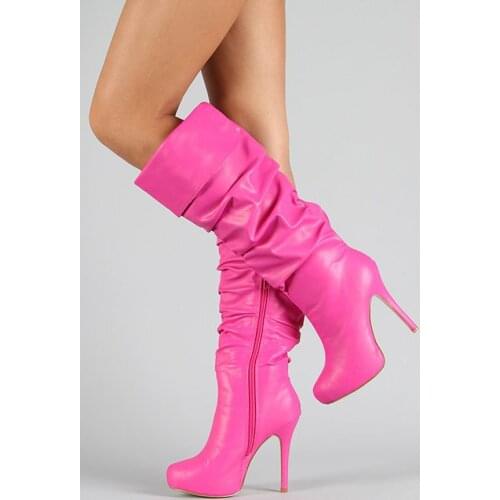 Women Pleated Long Boots Knee High Turned Over Stiletto Heel Booots Solid Rosy Red Patent Leather Platform Internal Shoes