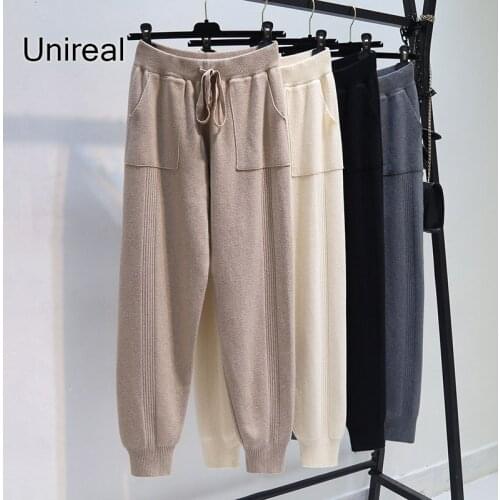 Unireal 2021 Autumn Winter Women Harem Pants High Waist Trousers Casual Warm Thick Knitted Pants