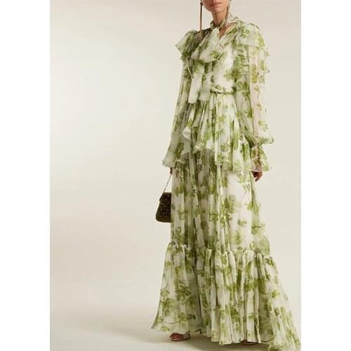 Green flower printed runway dresses women chiffon long dress floor-length women beach dress oversized