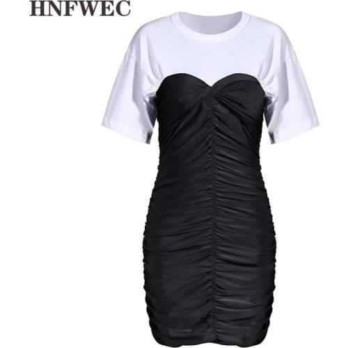 2020 Summer Hit Color Patchwork Ruched Dress For Women O Neck Short Sleeve Slim Mini Dresses Female Tide New K384