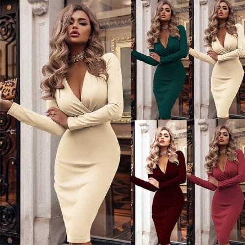 Womens Dress Autumn Winter Casual Solid Color Long Sleeve Elegant Office Lady Dress Sexy Deep V-Neck Bodycon Pencil Party Dress