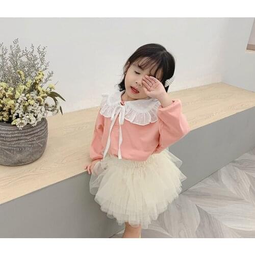 2019 Autumn New Girls Cute Sweatshirts Kids Lace Big Lapel Fake Two Pieces Solid Tee Shirt Childrens Pullover Sweatshirts Tops