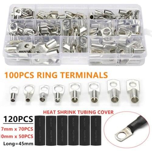 220pcs/set Boxed Electrical Tinned Copper Cable Lugs Ring Terminals Car Battery Wire Lug Bare Connectors Automotive Kits