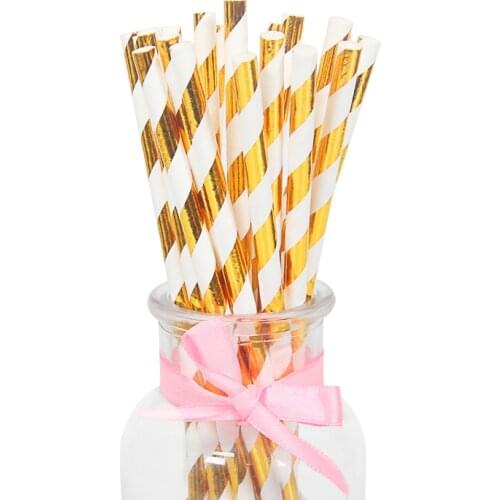 25pcs/lot Gold Striped And Wave Foil Design Paper Straws For Birthday Wedding Party Baby Shower Disposable tableware Supplies