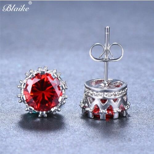 Blaike 8MM Round Red Crystal Zircon Crown Stud Earrings For Women Silver Color July Birthstone Earring Female Gift