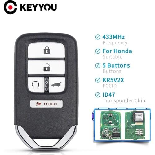 KEYYOU Remote Key Car Smart Keyless Fob For Honda Piot CR-V Civic 2016 2017 2018 2019 FCCID: KR5V2X 433MHz ID47 Chip 5 Buttons