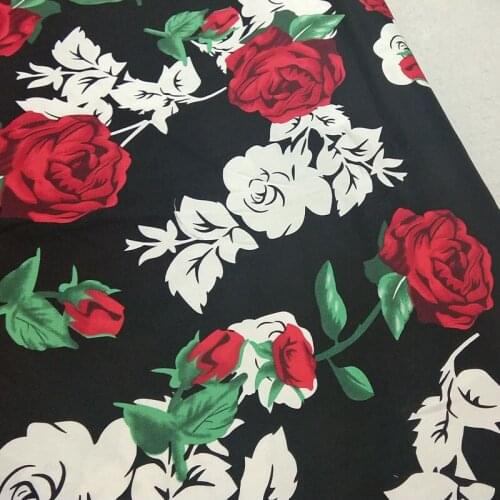 ViaPhil Red White Blooming Rose Flower 97/3 Cotton Spandex Elastic Printed Fabric 50x140cm Floral Stretchable Fabric Home Decor