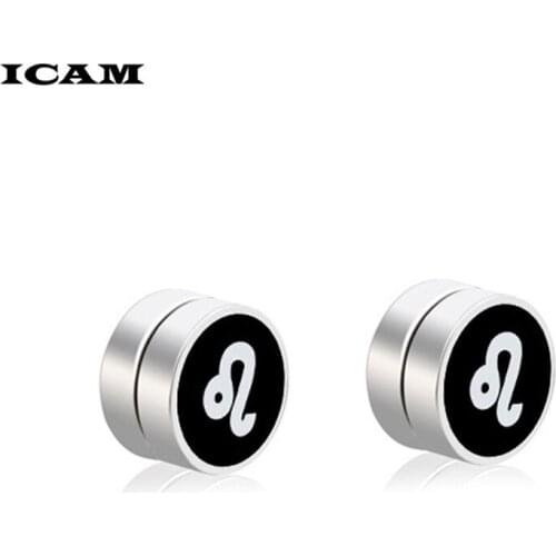 ICAM Punk Mens Strong Magnet Magnetic Health Care Ear Stud Non Piercing Earrings 12 Zodiac Constellation Fake Earrings Gift