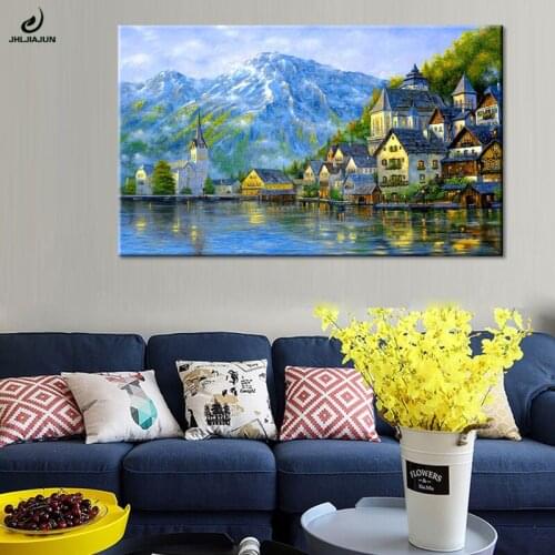JHLJIAJUN Nordic Canvas Oil Painting Lakeside Town Landscape Wall Art Print And Poster For Living Bedoom Decor Picture Poster