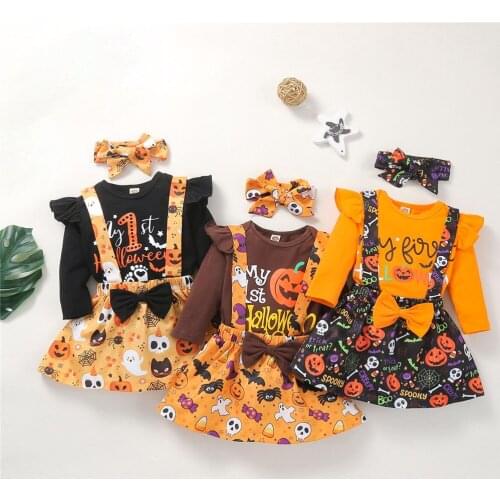 0-18 Months Baby Girl Halloween Three Piece Suit Newborn Ghost Pumpkin Print Long Sleeve Romper + Suspender Skirt With Headband