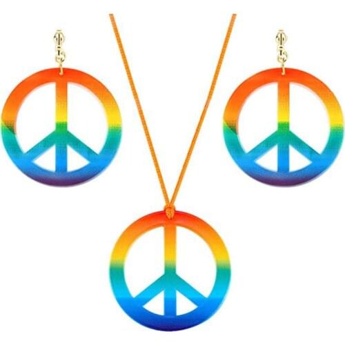 Hippie Costume Jewerly Set 60s 70s Rainbow Peace Sign Pendant Necklace Earrings