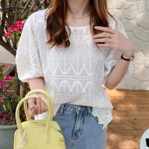 Summer 2021 New Korean Loose Fashion Womens Puff Sleeve Shirt Chic Embroidery Cotton Lace O-neck Casual Blouse Plus Size 14755
