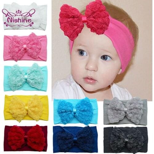 Nishine 11 CM Solid Color Lace Rose Flowers Bowknot Infant Elastic Headband Soft Comfortable Nylon Hairband Kid Hair Accessories