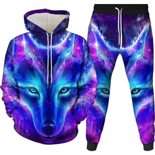 2021 New Fashion 3D Printing Flame Wolf Hoodie Suit Men And Women Pullover Hooded Sportswear Pants Casual Sweater Two-Piece Suit
