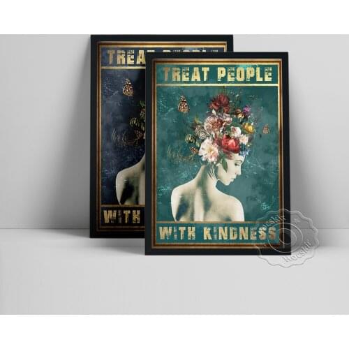 Treat People With Kindness Poster, Flower Leaf Butterfly Girl Wall Art, Motivational Quote Wall Decor, Positive Text Art Prints