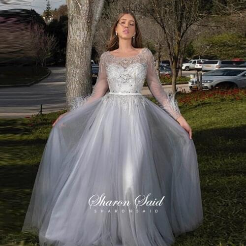 Elegant Silver Grey Arabic Evening Dress Long Sleeve Luxury Dubai Crystal Feather Burgundy Formal Dresses Women Wedding Party