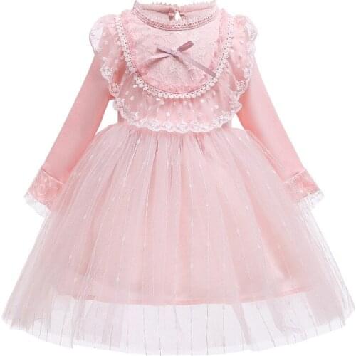 Girls Dresses Long Sleeve Mesh Vestido Lace Up Skyblue Pink Princess Costume For Party School Wedding Cute Pretty Lolita Style