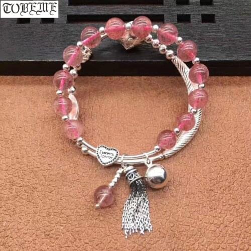 Handmade 925 Silver Beads Bracelet Thai Silver Strawberry-quartz Women Bracelet Silver Charm Beaded Lady Bracelet