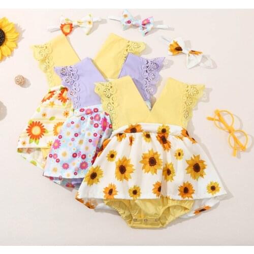 Daisy Floral Sunflower Printing Baby Girl Bodysuit With Headband Summer Sleeveless Lace Jumpsuit Toddler Infant Newborn Clothing