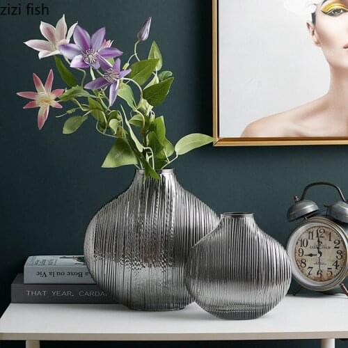 Silver Stripe Glass Vase Desk Decor Flower Arrangement Floral Decorative Metallic Feel Tabletop Vases Home Decoration Modern