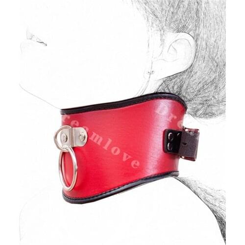 Sexy Black and Red Leather Locking Neck Posture Collar with Metal Ring Mistress Fetish Punk Kinky Neck Restraint Costume