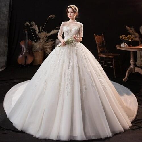 Half Sleeve Wedding Dress 2021 New Wedding Gown With Train Lace Up Ball Gown Luxury Lace Vestido De Noiva Robe De Mariee