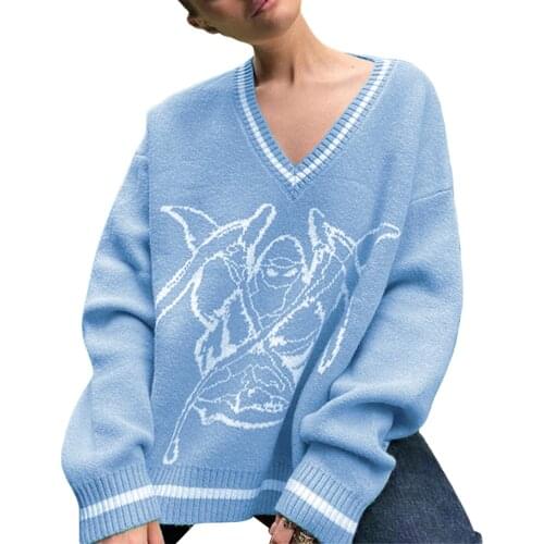 Women Loose Knit Sweater, Adults Cartoon Pattern Long Sleeve V-neck Pullover (Blue)