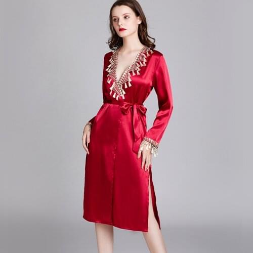 Woman Spring And Summer Silk Long-Sleeved Nightgown Ladies Medium Length Morning Gown Bridal Gown Bathrobe Home Dress Халат