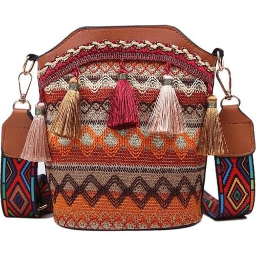 Bag female bolsos female messenger bag sac femme ethnic style one-shoulder messenger bag tassel woven bags bucket torebka damska
