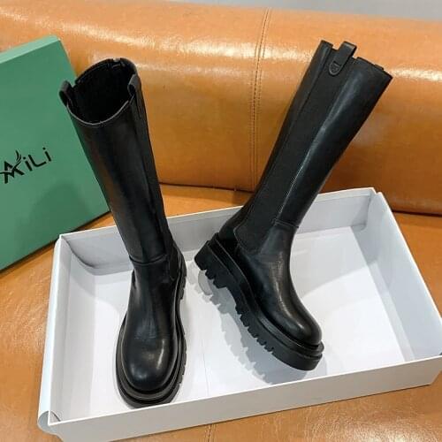 Womens High Boots Fashion Woman Non-slip Waterproof Winter Zipper PU Leather Knee High Boots Women Chunky Platform Long Boots
