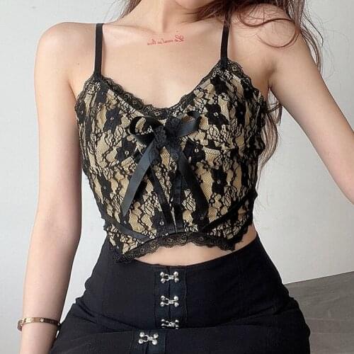 Harajuku 2021 Goth Lace Crop Top Women Backless Clubwear Zipper Punk Dark Academia Camis Tops Sleeveless Sexy Tee Shirt