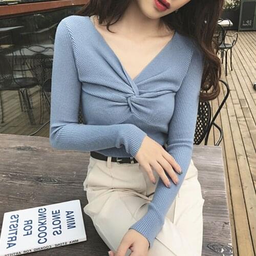 Women Twist Knot Knitted Sweater Tops Autumn Ladies Korean Style Long Sleeve Pullover Sweaters Female Outwear WDC5514