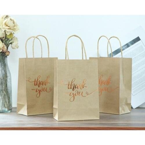 10Pcs Shopping Bags Gift Bags Gold Foil Thank You Brown Paper Bags with Handles