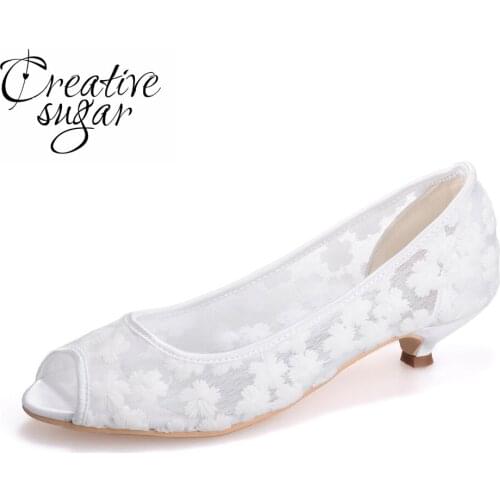 Creativesugar Perspective see through mesh lace open toe shoes wedding party prom cocktail low heel mother heels white pink blue