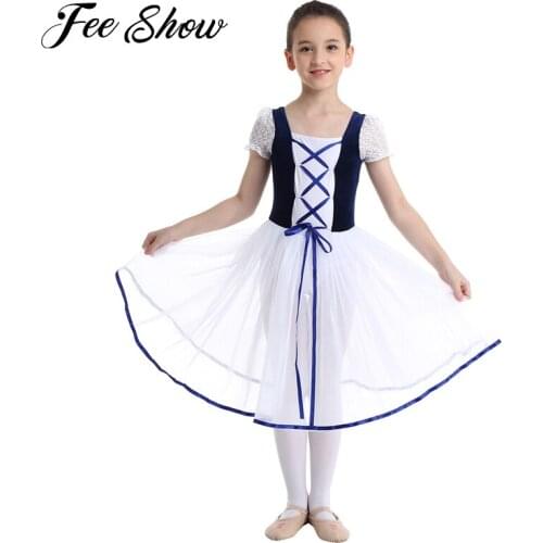 Kids Girls Professional Ballet Tutu Dress Velvet Mesh Lacework Short Bubble Sleeves Ballet Dance Gymnastics Leotard Dress