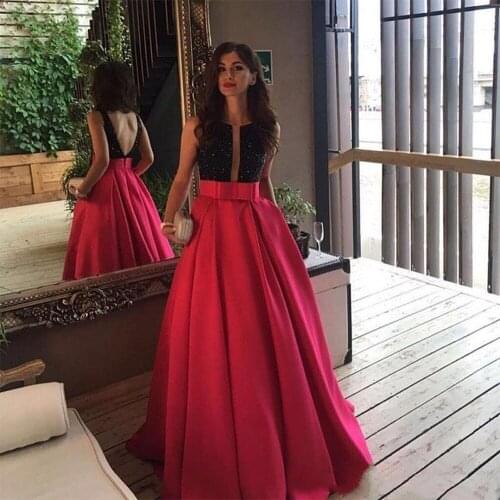 Open Back Fuchsia Long Prom Dresses Arabic Formal Dress Black Beaded Vestido De Gala 2020 Custom Special Occasion Evening Gowns