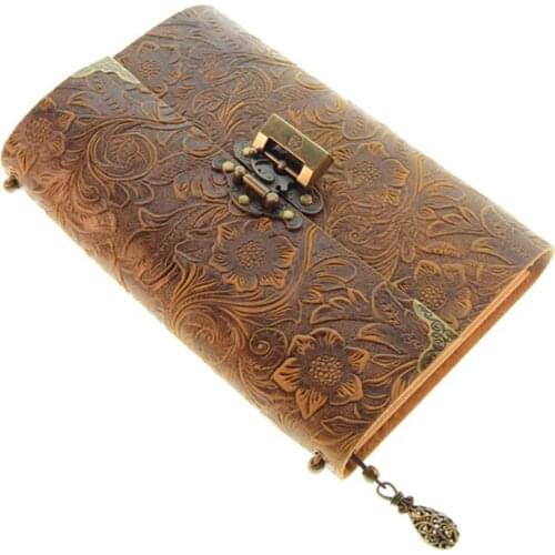 Embossed Pattern Soft Leather Travel Notebook with lock Key Diary Notepad Kraft Q81F