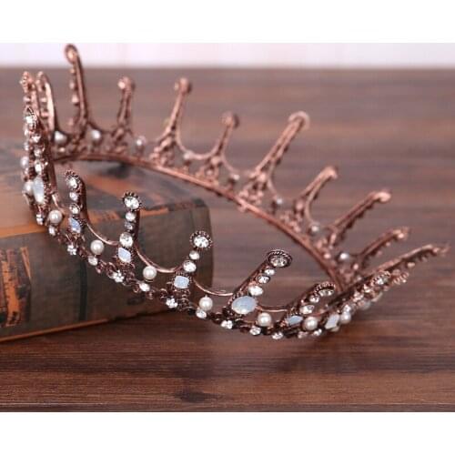 FORSEVEN Elegant Baroque Women Rose Gold Color Tiaras Crowns Headpieces Vintage Style Crystal Pearl Party Hair Jewelry