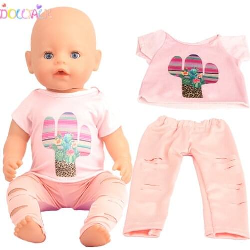18Inch American Doll 2 Pcs Cactus T-shirt+Pants Clothes Set Fashion Hole Pants Suit Accessories For 43cm New Born Reborn&OG Doll