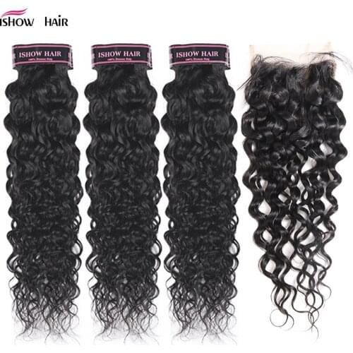 Ishow Water Wave Bundles With Closure Brazilian Hair Weave Bundles With Closure Water Wave Human Hair 3 Bundles with Closure