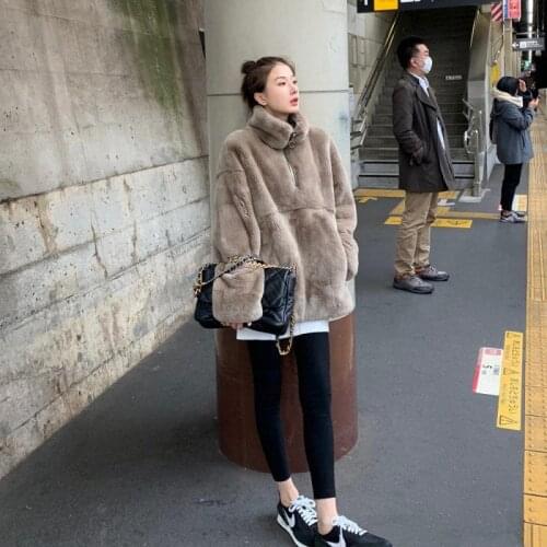 Leather 2021 New Light Luxury Young Korean Short Rabbit Hair Fashion Pullover Stand Collar Wool Coat Womens Winter