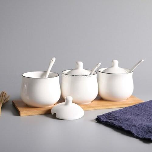 Creative Ceramic Seasoning Box Household Seasoning Jar Set with Wooden Support High-quality Ceramic Seasoning Bottle Set