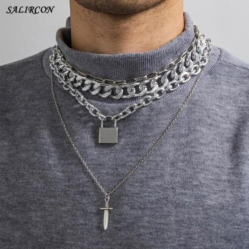 Salircon Punk Sword Dagger Padlock Pendant Necklace for Men Women Vintage Silver Color Chunky Chain Choker Necklace Jewelry Gift