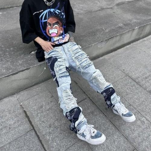 Fashion Streetwear Mens Washed Knife Cut Damaged Patch Ripped Jeans Stitching Mens and Womens Straight Loose Wide Leg Pant