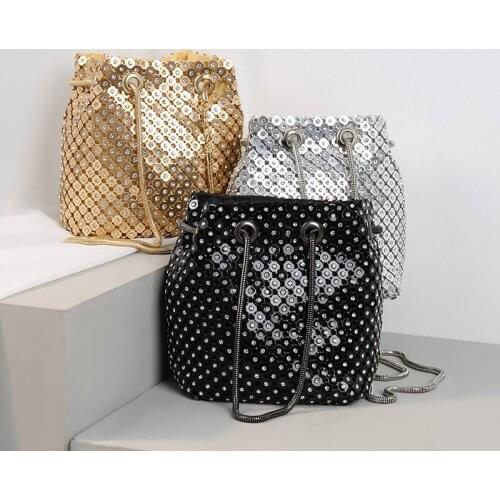 Bee In Fly Fashion Luxury Crystal Sequins Women Bucket Purses Evening Clutch Bags Copper Chains Shoulder Handbags Womens Bag