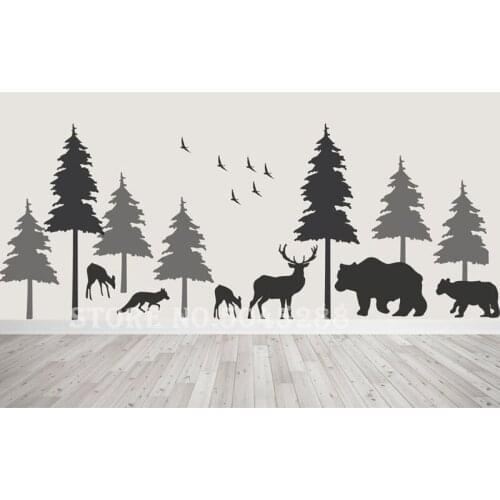 Woodland Animals Wall Decal Nursery Pine Tree Wall Art Fox Bear Deer Forest Custom Wall Sticker for Baby Room Removable Z342