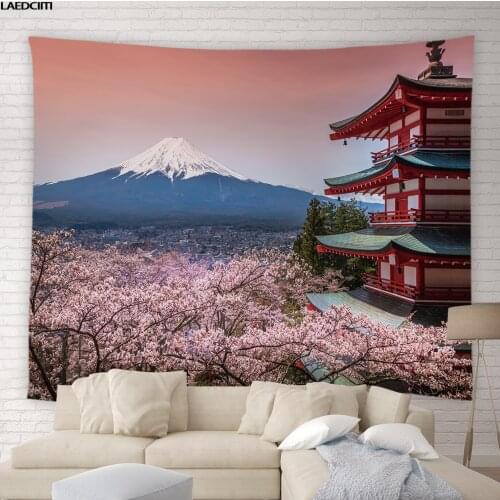 Mount Fuji Cherry Blossom Tapestry Wall Hanging Japanese Pink Flowers Scenery Background Cloth Home Decor Bedroom Big Tablecloth