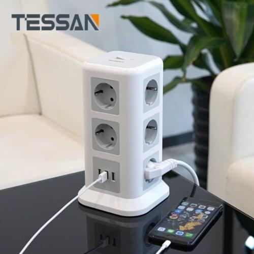 Desktop EU Plug Power Strip Tower with 3 USB Ports 11 EU Outlets On/Off Swtich and 2M/6.5ft Extension Cord 2 Year Warranty