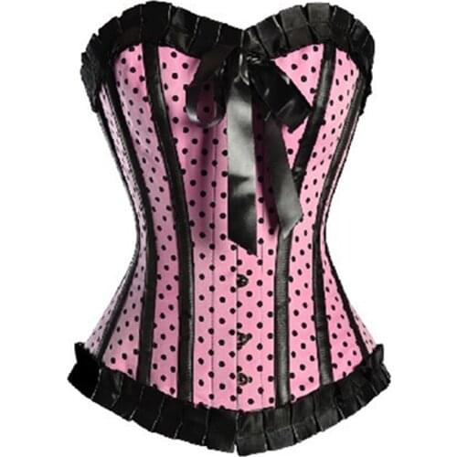 Pink Satin Polka Dot Burlesque Corset Sexy Front Buckle Overbust Lace Up Boned Corselet Women Slimming Waist Vintage Bustier Top